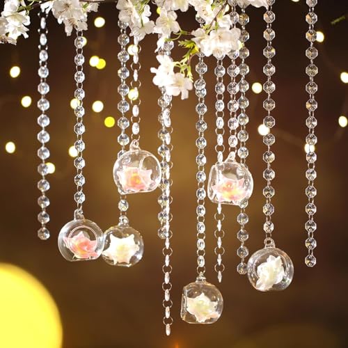 Yoande 12 Sets Hanging Candle Holder Wedding Glass Globe with Acrylic Gems Bead Garland Hanging Tea Light Candle Holder Orbs Container for Flower Plant Micro Landscape DIY Party Tree Decor 236 Inch - Image 1