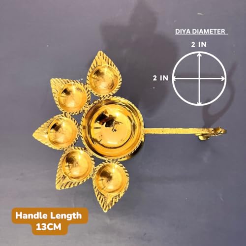 DecorBeats Brass Panchmukhi Aarti Diya | Handmade 5 Wick Panch Batti Diya Stand for Puja | Pure Brass Deepak Lamp with Dhara Powder | Temple Home Mandir Decor | Diwali Gift | 1 Piece — DecorBeats - Image 4