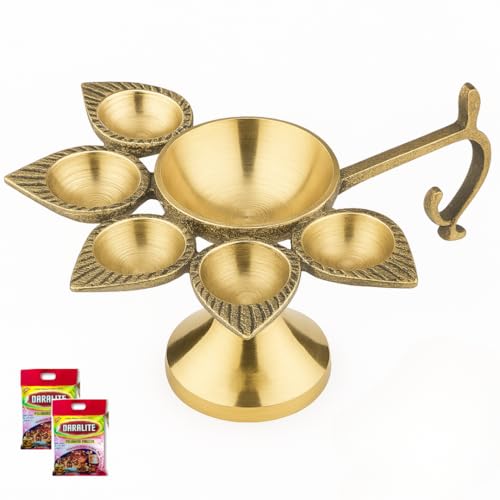 DecorBeats Brass Panchmukhi Aarti Diya | Handmade 5 Wick Panch Batti Diya Stand for Puja | Pure Brass Deepak Lamp with Dhara Powder | Temple Home Mandir Decor | Diwali Gift | 1 Piece — DecorBeats - Image 1