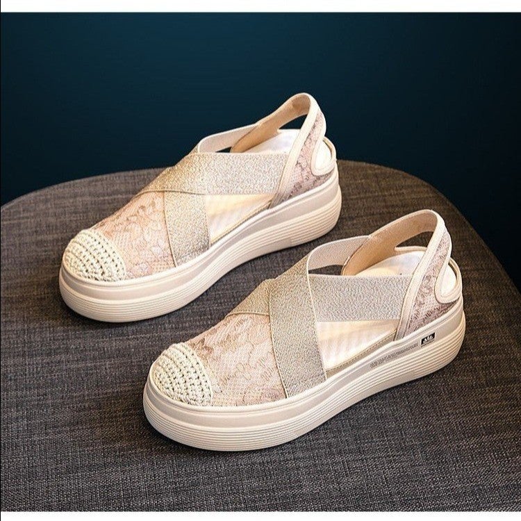 2024 Summer Autumn Thick-soled Lace Slippers Lazy Persons One Step Wear Breathable Mesh Sandals Hollow Out Fishing Shoes Women Hollow beige 