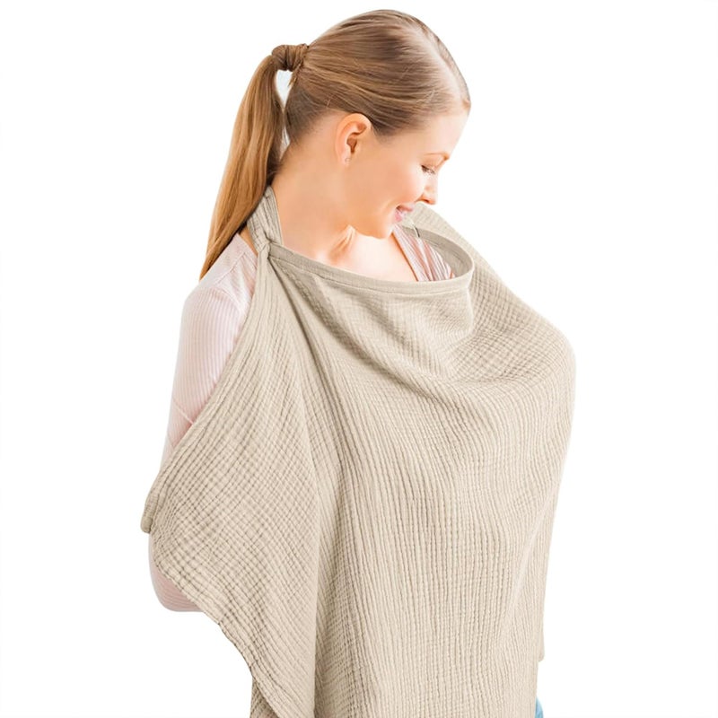 Konssy Muslin Nursing Cover for Baby Breastfeeding, Breathable 100% Cotton Breastfeeding Cover with Rigid Hoop for Mother Nursing Apron, Summer Wheat (BRJ07) - Image 1