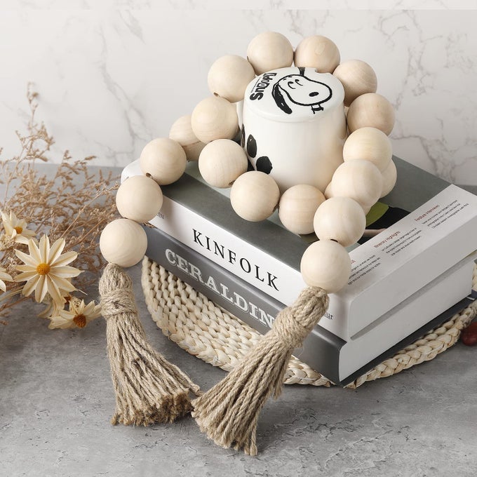 FARMHOUSE DECOR LARGE WOOD BEAD GARLAND 50INCH LONG WITH 16 DIAMETER BEADS NATURAL WOODEN BEADS DECOR WITH TASSELS DECORATIVE BOHO COUNTRY DECORATION FOR COFFEE TABLE HOME TIERED TRAY WALL HANGING