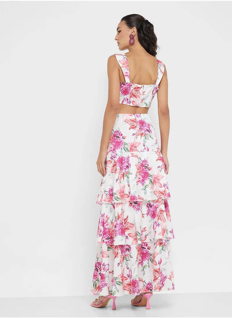 جينجر Floral Bustier Crop Top & Tiered Maxi Skirt Co-Ord Set