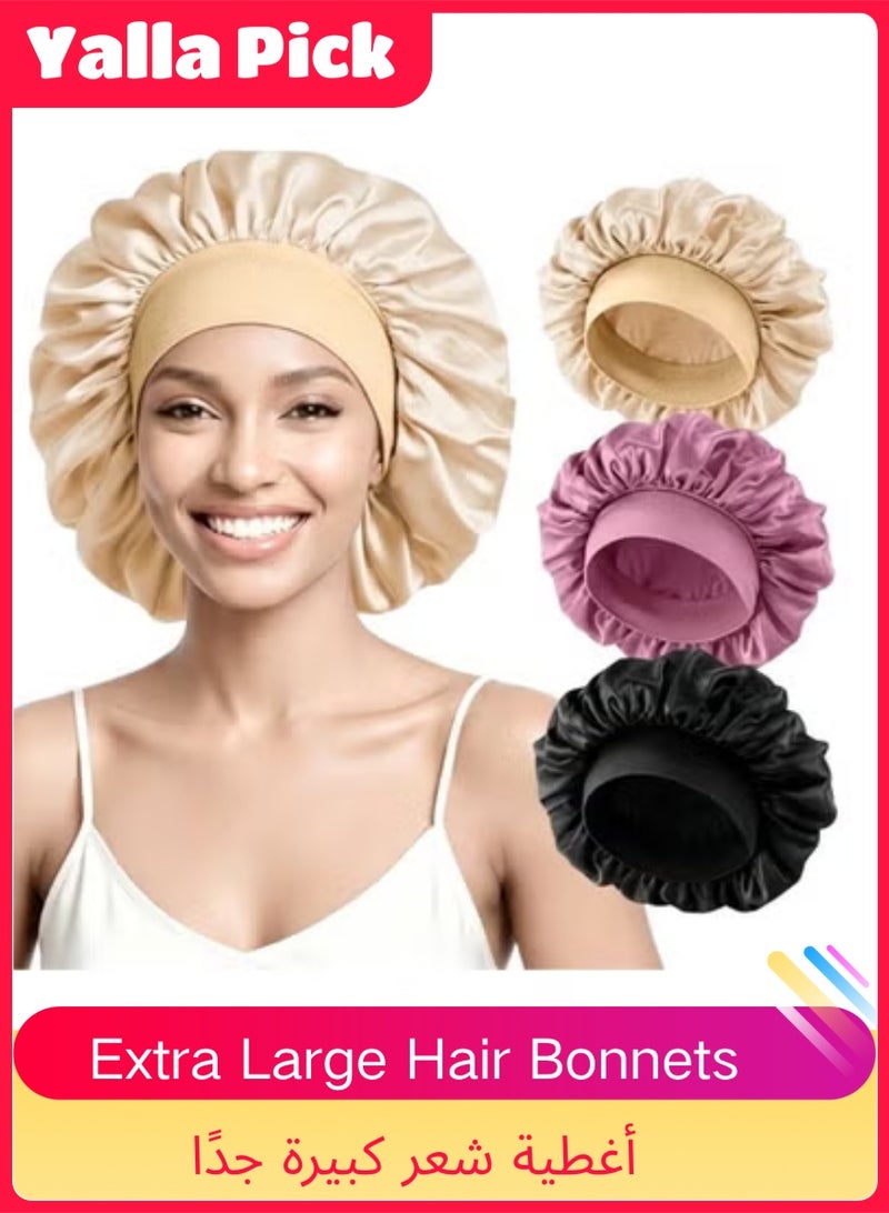 Yalla Pick 3 Pcs Extra Large Satin Sleep Cap Set, Silk Bonnet for Curly Straight Natural Hair, Soft Breathable Night Hair Cover for Women, Overnight Hair Care (40cm) - Image 1