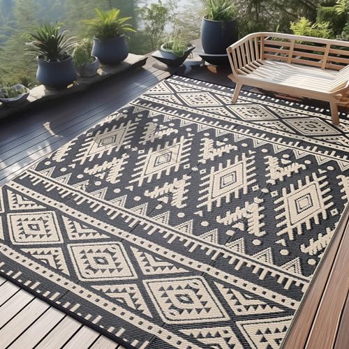 OLANLY Outdoor Rug Waterproof 9x12 ft Reversible Outdoor Plastic Straw Rug Boho Patio Rug Indoor Outdoor Carpet RV Mat Outside for Patio Camp Picnic Balcony Deck Backyard Black Beige