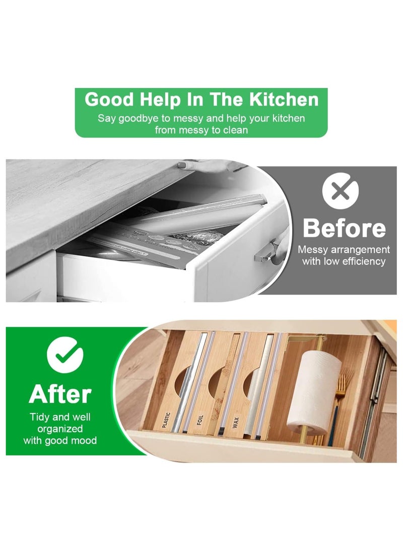 XVersion 3-in-1 Bamboo Wrap Dispenser with Cutter - Aluminum Foil, Plastic Wrap & Wax Paper Organizer for Kitchen Storage, 12" Roll Holder  - Image 4