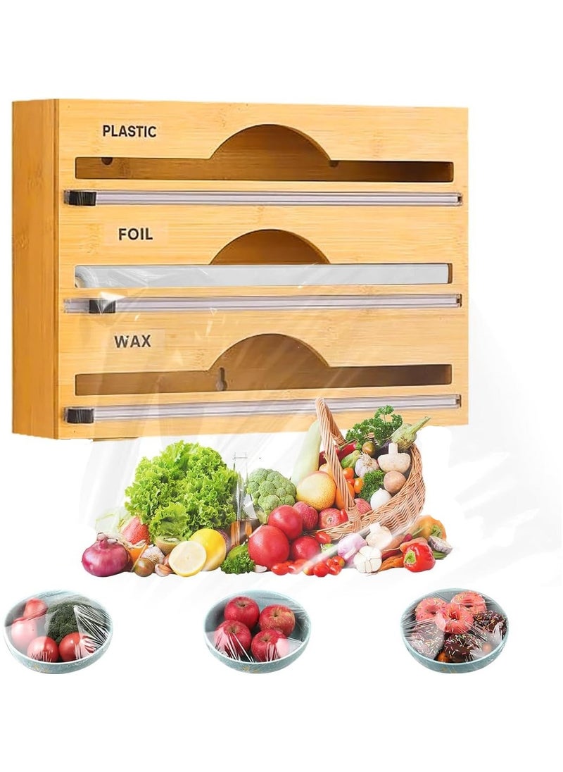 XVersion 3-in-1 Bamboo Wrap Dispenser with Cutter - Aluminum Foil, Plastic Wrap & Wax Paper Organizer for Kitchen Storage, 12" Roll Holder  - Image 1