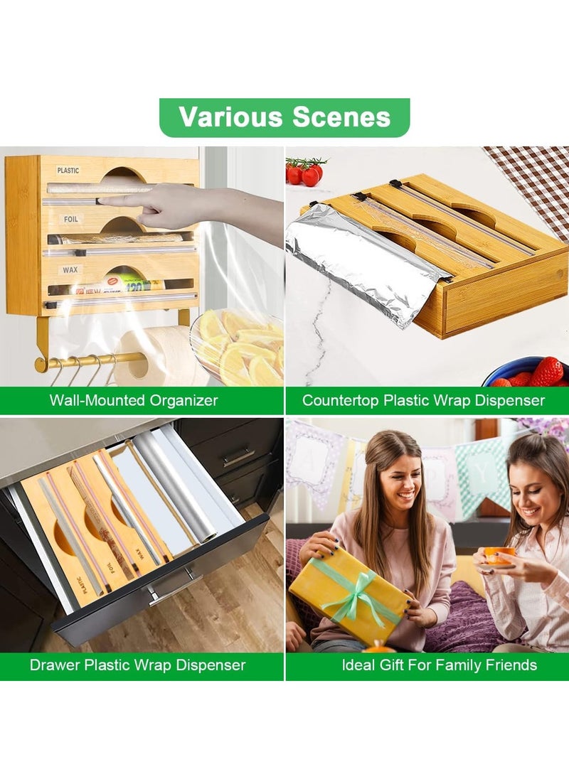 XVersion 3-in-1 Bamboo Wrap Dispenser with Cutter - Aluminum Foil, Plastic Wrap & Wax Paper Organizer for Kitchen Storage, 12" Roll Holder  - Image 3