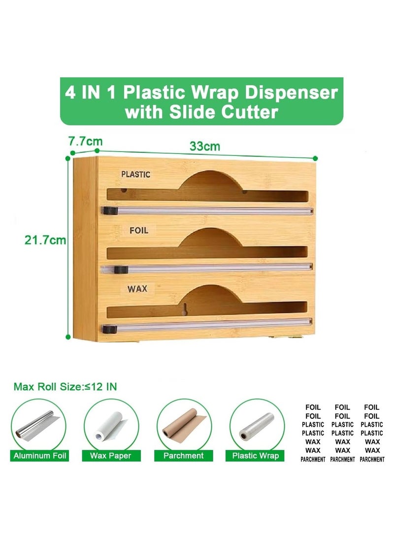 XVersion 3-in-1 Bamboo Wrap Dispenser with Cutter - Aluminum Foil, Plastic Wrap & Wax Paper Organizer for Kitchen Storage, 12" Roll Holder  - Image 2