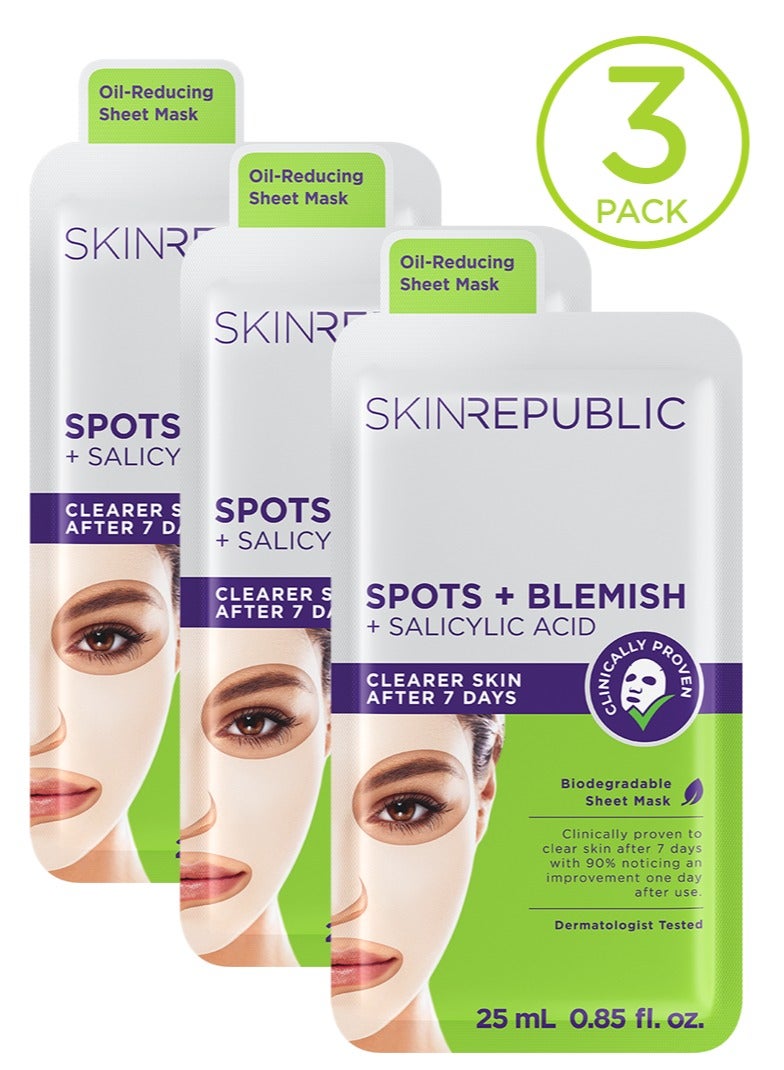 سكين ريبابلك قناع ورقي للوجه بحمض الساليسيليك (3 أقنعة) - سيروم مضاد للبقع مع خلاصة بندق الساحرة وشجرة الشاي، يُنقّي البشرة في 7 أيام، يُفتح المسام ويُشدّها، ويُقلّل من ظهور البثور. - Image 1