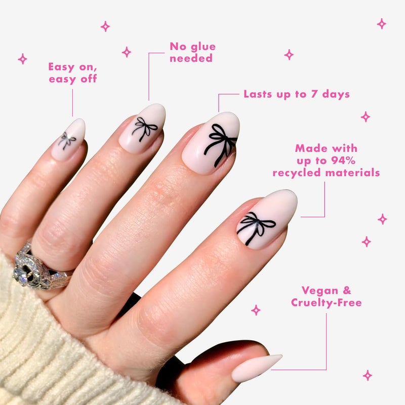 Olive & June Classic Super Stick Mani Press On Nails | No Glue Needed | 32 Tab Nails 16 Sizes | Non-Toxic Tabs Easy On-Off Non-Damaging Realist Look | 7-Day Wear | Medium, Oval | Dainty Bows - Image 3