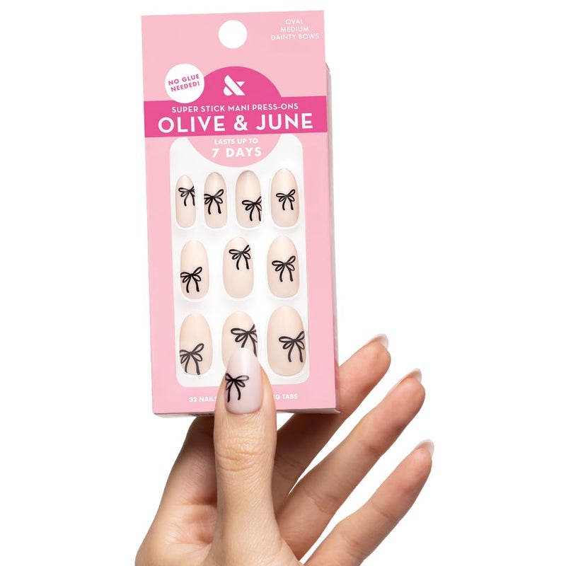 Olive & June Classic Super Stick Mani Press On Nails | No Glue Needed | 32 Tab Nails 16 Sizes | Non-Toxic Tabs Easy On-Off Non-Damaging Realist Look | 7-Day Wear | Medium, Oval | Dainty Bows - Image 1