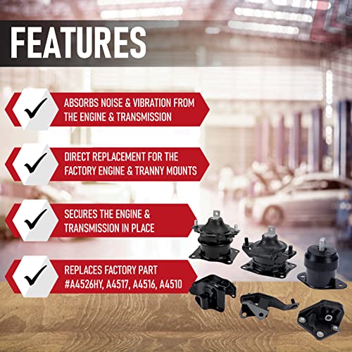 AA Ignition مجموعة مثبتات المحرك وناقل الحركة 6 قطع - تناسب هوندا أكورد 2003-2007 2.4 لتر أوتوماتيكي - تحل محل A4526HY، A4517، A4509، A4542، A4516، A4510 - مثبتات أمامية، يمينية، خلفية، علوية - Image 2