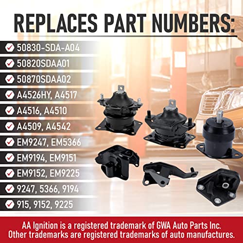 AA Ignition مجموعة مثبتات المحرك وناقل الحركة 6 قطع - تناسب هوندا أكورد 2003-2007 2.4 لتر أوتوماتيكي - تحل محل A4526HY، A4517، A4509، A4542، A4516، A4510 - مثبتات أمامية، يمينية، خلفية، علوية - Image 3