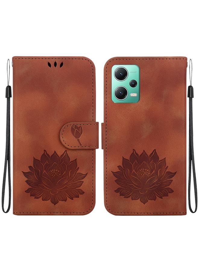 Zaboon For Xiaomi Redmi Note 12 5G Global Lotus Embossed Leather Phone Case(Brown) 