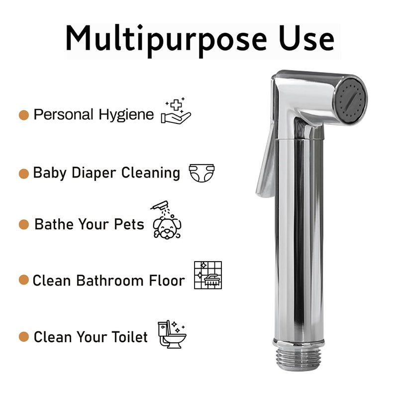HOMEMATES Brass Handheld Bidet High Pressure Health Faucet Rover Jet Spray Shower for Bathroom/Western Toilet with Ultra Flexible Gold Finish (Single Health Faucet, Silver Rover) - Image 4