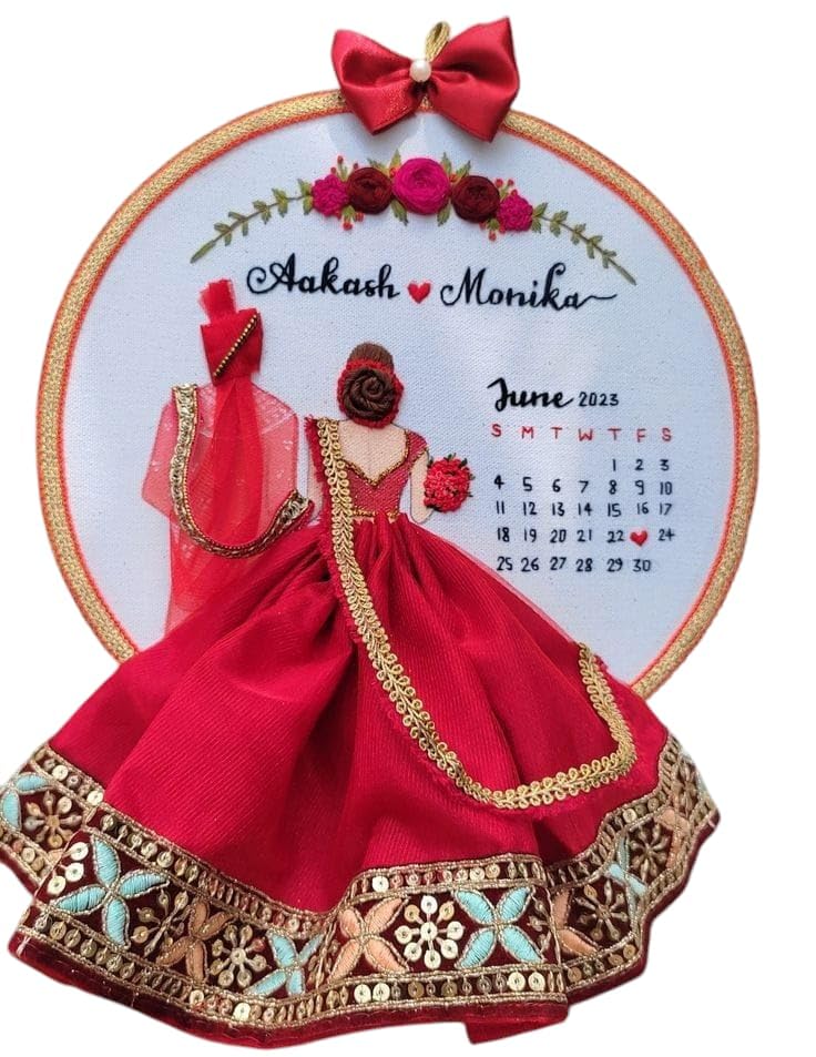 Personalized Wedding Anniversary Traditional Red Embroidery Hoop | Save The Date Calender  - Image 1