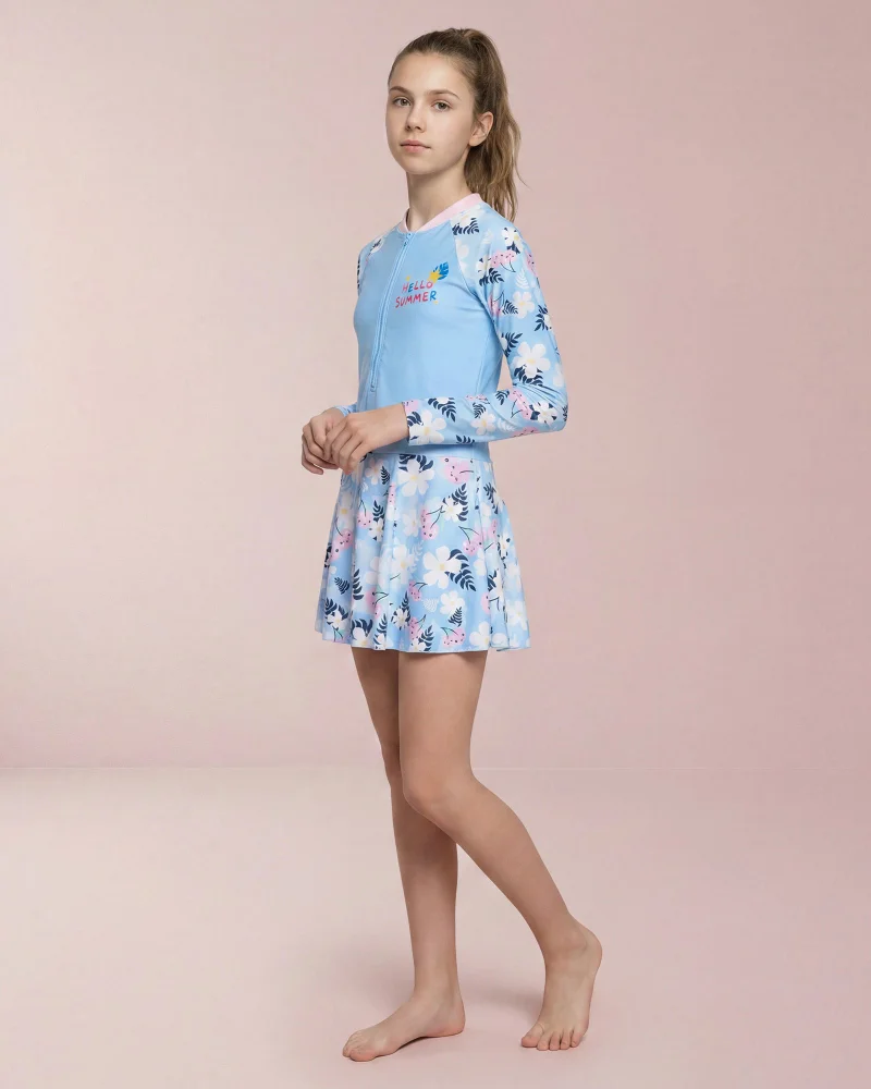 Redtag Senior Girls Blue Floral Skater Swimsuit