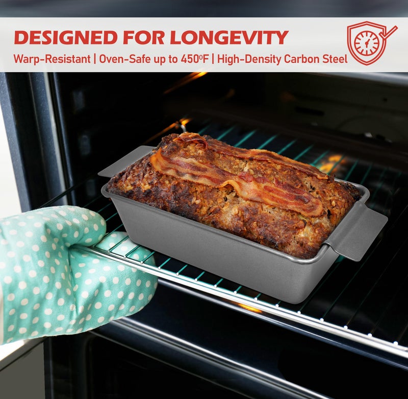 PERLLI Meat Loaf Pan with Drip Tray â€“ 2 Pc. 9.8 x 5.7 In. High-Carbon-Steel Nonstick Meatloaf Pan with Drain Tray â€“ Large BPA-Free Oven Loaf Pan for Baking, Bread, Cakes, Roasting Meat, & More - Image 3