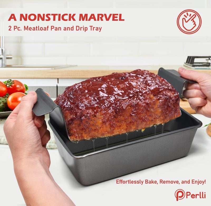 PERLLI Meat Loaf Pan with Drip Tray â€“ 2 Pc. 9.8 x 5.7 In. High-Carbon-Steel Nonstick Meatloaf Pan with Drain Tray â€“ Large BPA-Free Oven Loaf Pan for Baking, Bread, Cakes, Roasting Meat, & More - Image 2