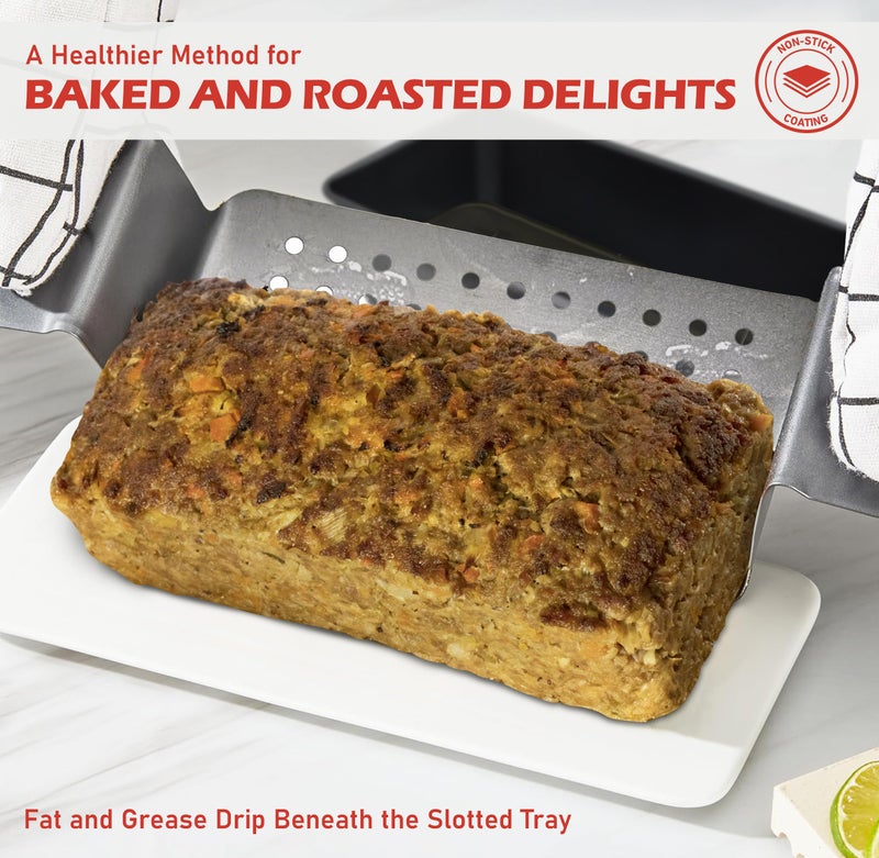 PERLLI Meat Loaf Pan with Drip Tray â€“ 2 Pc. 9.8 x 5.7 In. High-Carbon-Steel Nonstick Meatloaf Pan with Drain Tray â€“ Large BPA-Free Oven Loaf Pan for Baking, Bread, Cakes, Roasting Meat, & More - Image 4