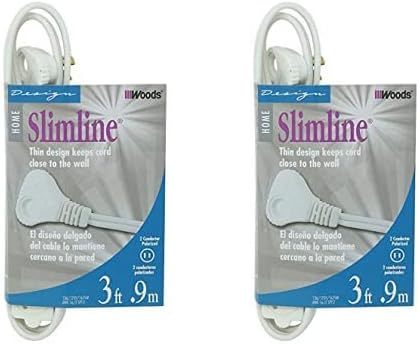 Woods SlimLine 2235 Indoor Flat Plug Extension Cord 3 Foot Cord Right Angled Plug 16 gauge 3 Polarized Outlets 125 Volts Space Saving Design Neutral White Color UL and CUL Listed Pack of 2 - Image 1