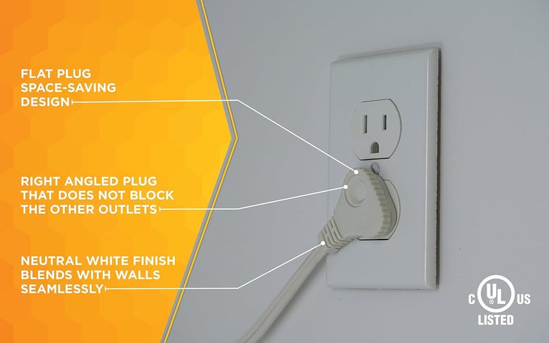 Woods SlimLine 2235 Indoor Flat Plug Extension Cord 3 Foot Cord Right Angled Plug 16 gauge 3 Polarized Outlets 125 Volts Space Saving Design Neutral White Color UL and CUL Listed Pack of 2 - Image 4