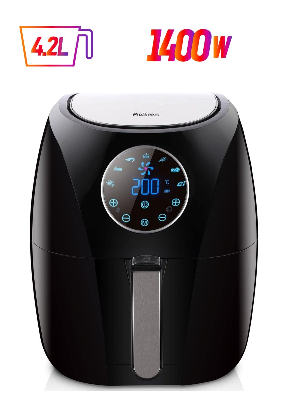 Air Fryer 4.2l 1400w with Digital Display Timer and Fully Adjustable Temperature Control for Healthy Oil Free Low Fat Cooking Black