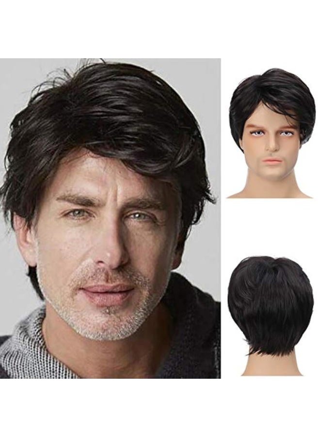 Wiwige Mens Black Wig Short Layered Synthetic Hair Wigs Heat Resistant Cosplay Halloween Party for Male - Image 1