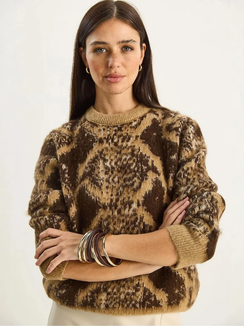 Bianco Lucci LUCCI Oversized Leopard Print Knit Sweater