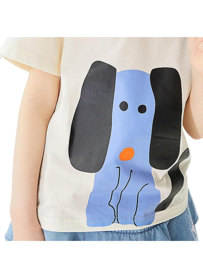 Mqd Children'S Clothing, Boys' Cartoon Short-Sleeve T-Shirt, Round Neck Pullover For Boys And Girls, Off-White, Size 130 - Image 2
