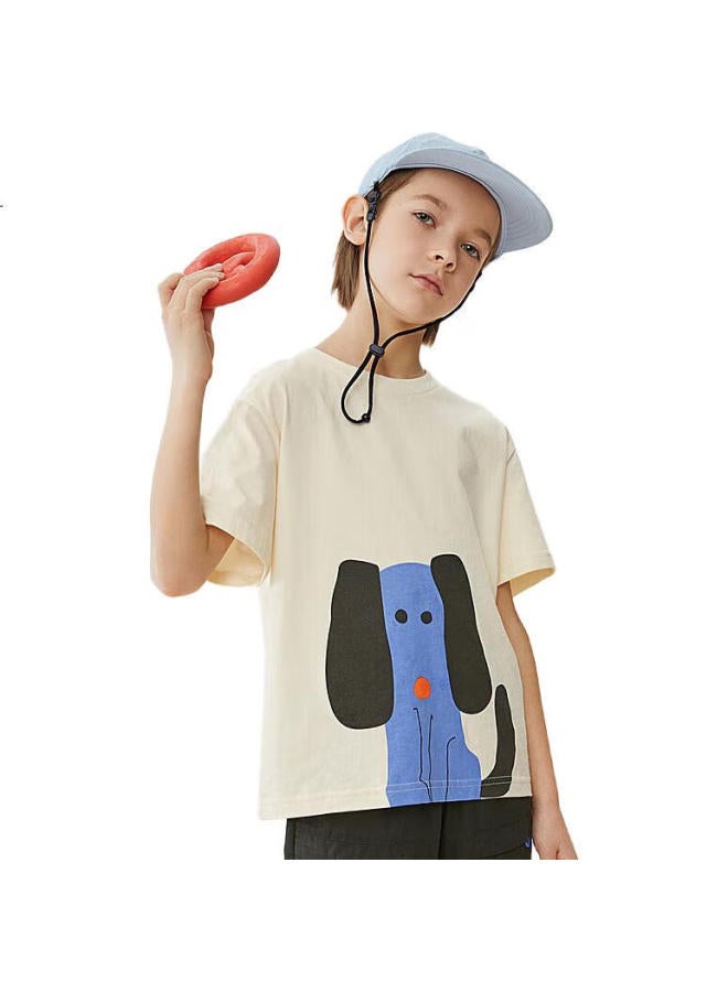 Mqd Children'S Clothing, Boys' Cartoon Short-Sleeve T-Shirt, Round Neck Pullover For Boys And Girls, Off-White, Size 130 - Image 1