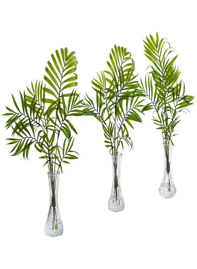 Nearly Natural Nearly Natural Mini Palm Vase (Set of 3) Artificial Plant, Green  - Image 1