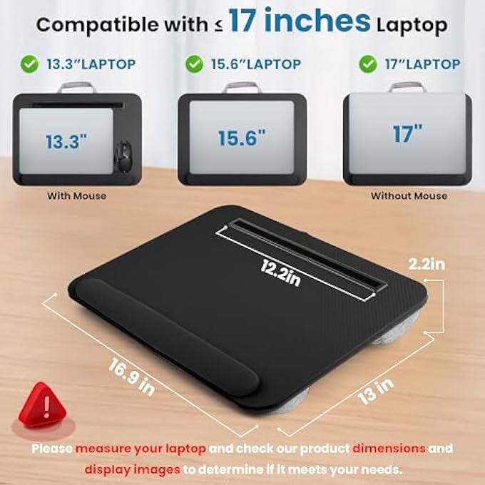 rayihni LAP DESK, PORTABLE LAP DESKS FITS UP TO 16'' LAPTOP WITH PILLOW CUSHION LAPTOP DESK WITH WRIST REST LAP STAND WITH TABLET OR PHONE STORAGE SLOT FOR BED COUCH CARPET HOME OFFICE LIVINGROOM (BLACK) - Image 3