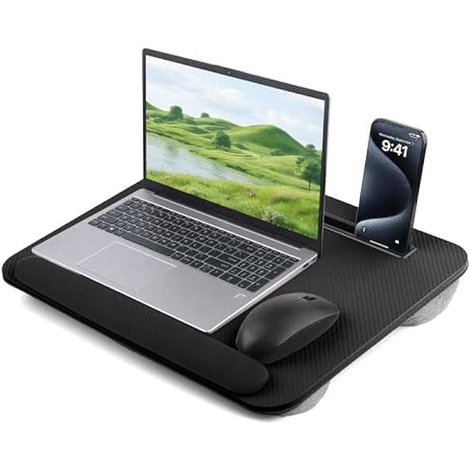rayihni LAP DESK, PORTABLE LAP DESKS FITS UP TO 16'' LAPTOP WITH PILLOW CUSHION LAPTOP DESK WITH WRIST REST LAP STAND WITH TABLET OR PHONE STORAGE SLOT FOR BED COUCH CARPET HOME OFFICE LIVINGROOM (BLACK) - Image 1