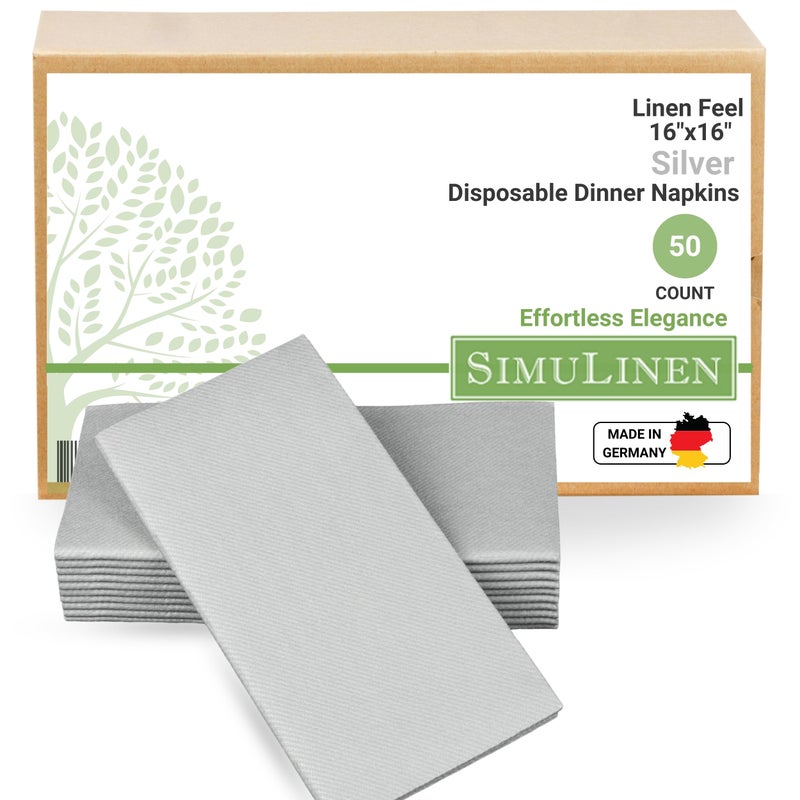 Simulinen SimuLinen Silver Linen Feel Disposable Dinner Napkins - Cloth-Like Kosher Napkins for Celebrations  Weddings  and Showers  16""x16""  Box of 50  - Image 1