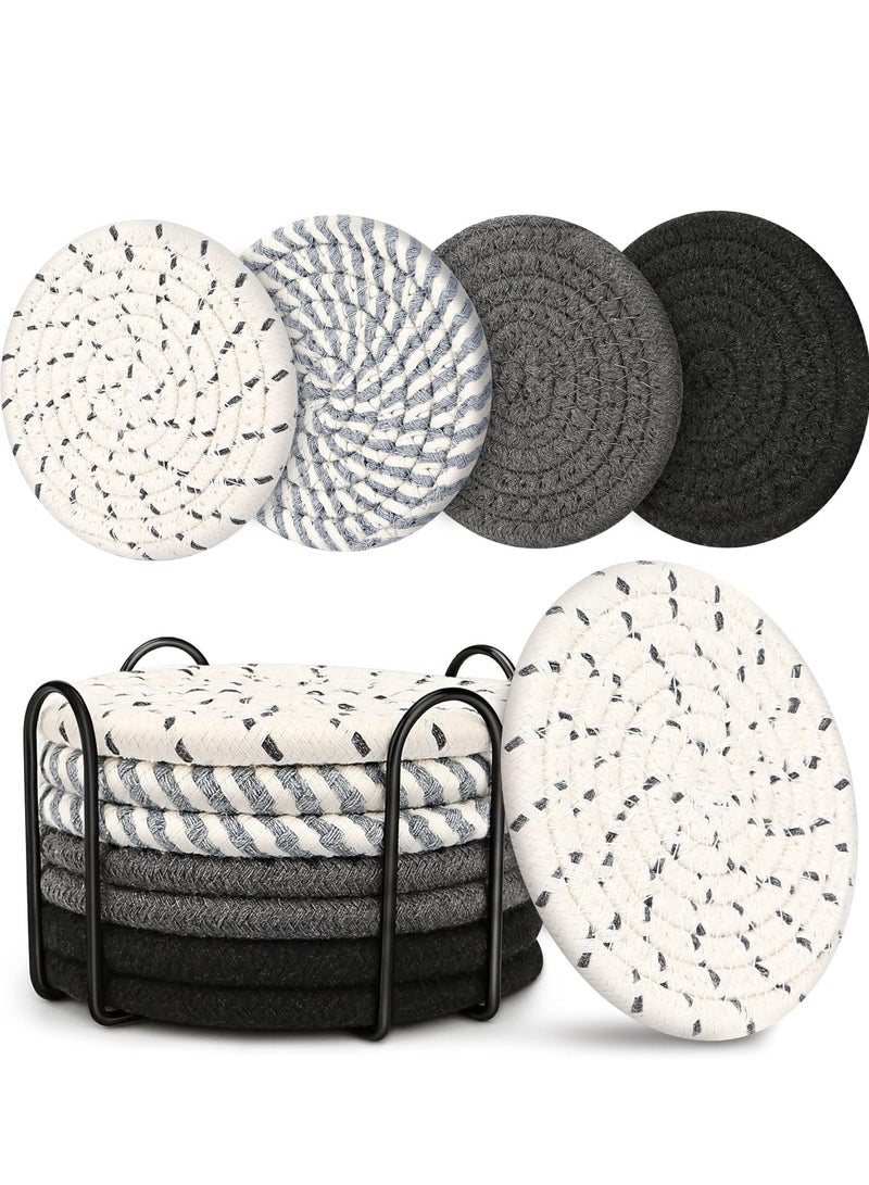Absorbent Cotton Coasters Set, 8 Pcs with Holder, 4 Colors, 4.3 Inch, for Drinks, Coffee Table, Home Decor,  Housewarming Gift  - Image 1