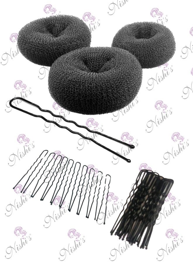 Nishi's® Combo Hair Donut Bun Maker And Juda Pins (DonutJudaP-3(30), Hair Styling Tools Hair Donut Bun (Two Medium And One Small Size) With U-Pins (30 Pcs - 6Cm) - Image 1