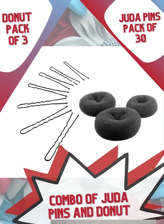 Nishi's® Combo Hair Donut Bun Maker And Juda Pins (DonutJudaP-3(30), Hair Styling Tools Hair Donut Bun (Two Medium And One Small Size) With U-Pins (30 Pcs - 6Cm) - Image 2