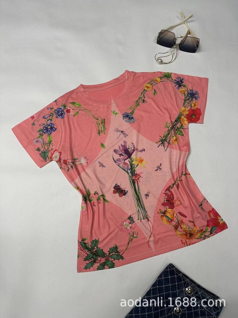 New Summer Women'S Clothing Fashion Trend Full-Body Printed Baby Cotton Color Pattern Elegant Slim-Fit Round - Image 4