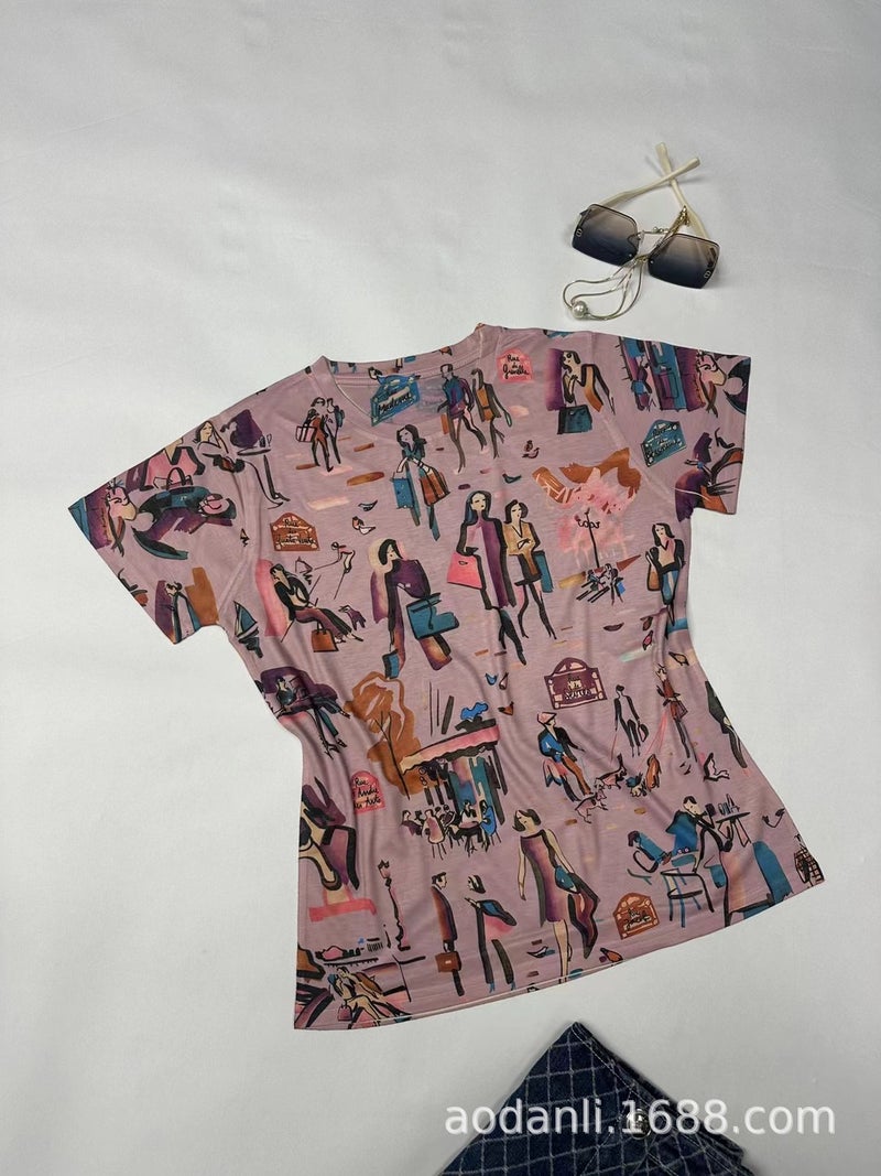 New Summer Women'S Clothing Fashion Trend Full-Body Printed Baby Cotton Color Pattern Elegant Slim-Fit Round - Image 3