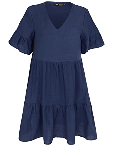 FANCYINN Women Summer Shift Dress with Pockets Bell Sleeve Ruffle Hem V Neck Loose Swing Tunic Mini Dress Navy Blue S - Image 4