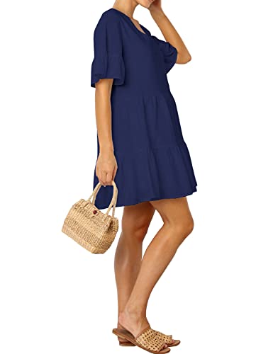 FANCYINN Women Summer Shift Dress with Pockets Bell Sleeve Ruffle Hem V Neck Loose Swing Tunic Mini Dress Navy Blue S - Image 2