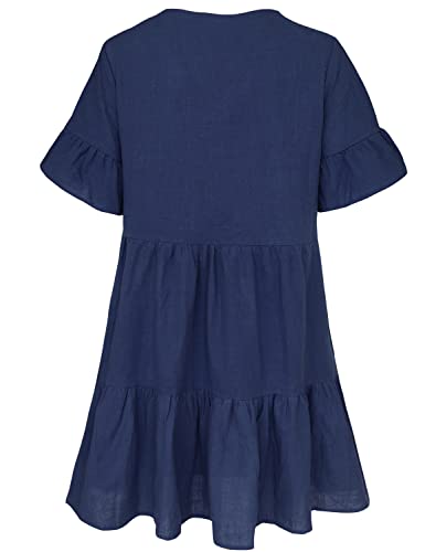 FANCYINN Women Summer Shift Dress with Pockets Bell Sleeve Ruffle Hem V Neck Loose Swing Tunic Mini Dress Navy Blue S - Image 5