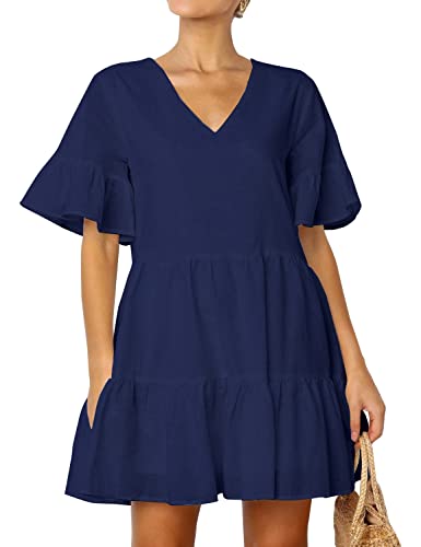 FANCYINN Women Summer Shift Dress with Pockets Bell Sleeve Ruffle Hem V Neck Loose Swing Tunic Mini Dress Navy Blue S - Image 3