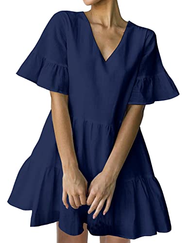 FANCYINN Women Summer Shift Dress with Pockets Bell Sleeve Ruffle Hem V Neck Loose Swing Tunic Mini Dress Navy Blue S - Image 1