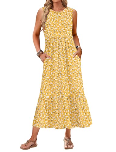 AUSELILY Summer Dresses for Women 2026 Casual Sleeveless Crew Neck Empire Waist Long Dress, Yellow Flower M - Image 1
