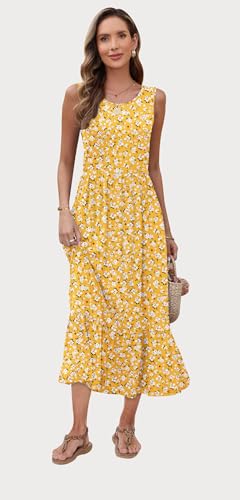 AUSELILY Summer Dresses for Women 2026 Casual Sleeveless Crew Neck Empire Waist Long Dress, Yellow Flower M - Image 4