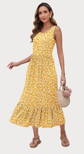 AUSELILY Summer Dresses for Women 2026 Casual Sleeveless Crew Neck Empire Waist Long Dress, Yellow Flower M - Image 2