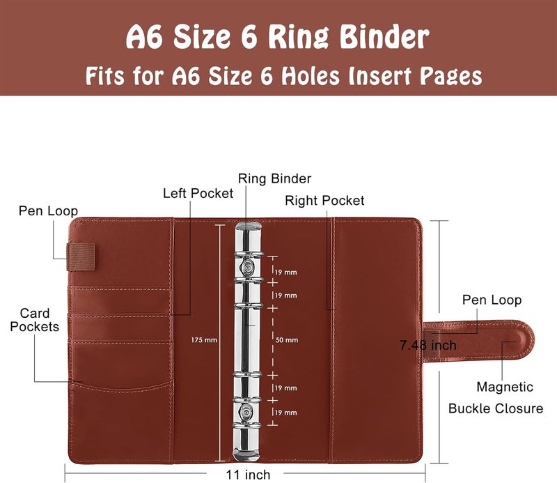 Antner A6 PU Leather Notebook Binder Refillable 6 Ring Binder for A6 Filler Paper, Loose Leaf Personal Planner Binder Cover with Magnetic Buckle Closure, Brown Gulf climate fit - Image 2